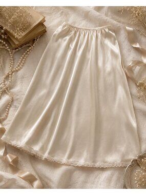 Vintage Champagne Beige Half Slip | Lace Hem USA Made Small | Satin Nylon Slip S